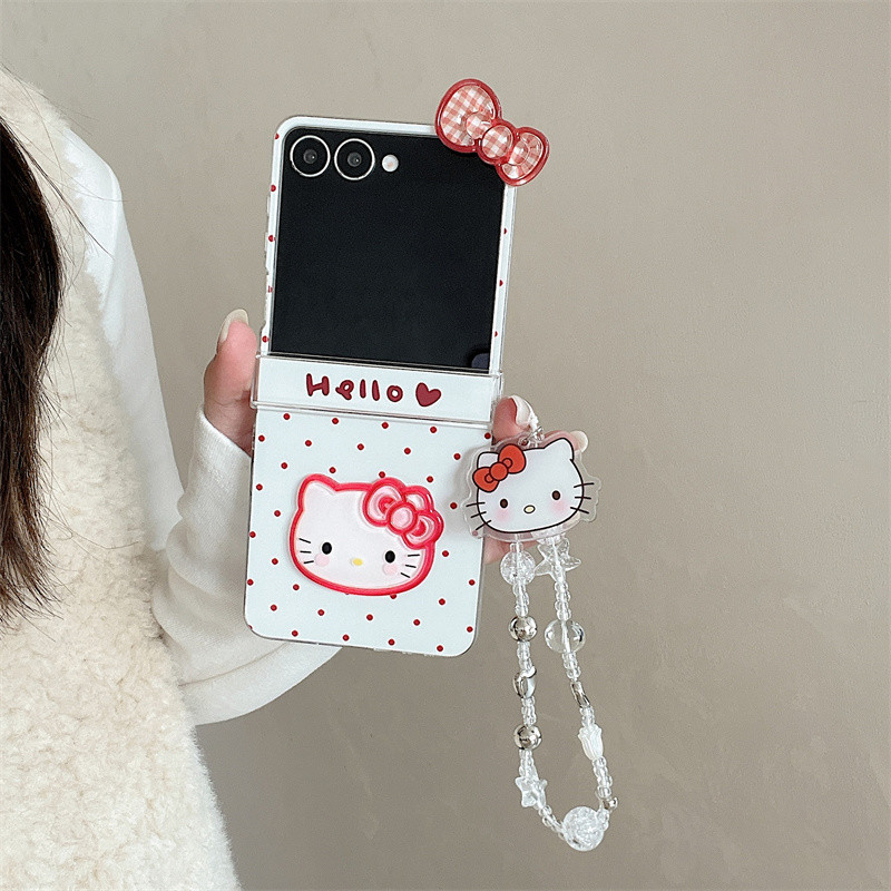 การ์ตูน Hello Kitty Wave Point Bow สร้อยข้อมือเคสโทรศัพท์สําหรับ Samsung Galaxy Z Flip 7 6 5 4 3 กัน