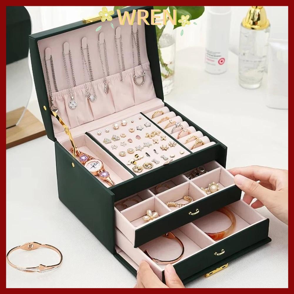 WREN Jewelry Organizer ที่เก็บต่างหูและสร้อยคอสามชั้น​ กล่องเก็บเครื่องประดับความจุขนาดใหญ่พร้อมกุญแจ​ กล่องใส่เครื่องประดับสําหรับเดินทางแบบถือหนัง ปู่​ ตารางโต๊ะเครื่องแป้งองค์กร​