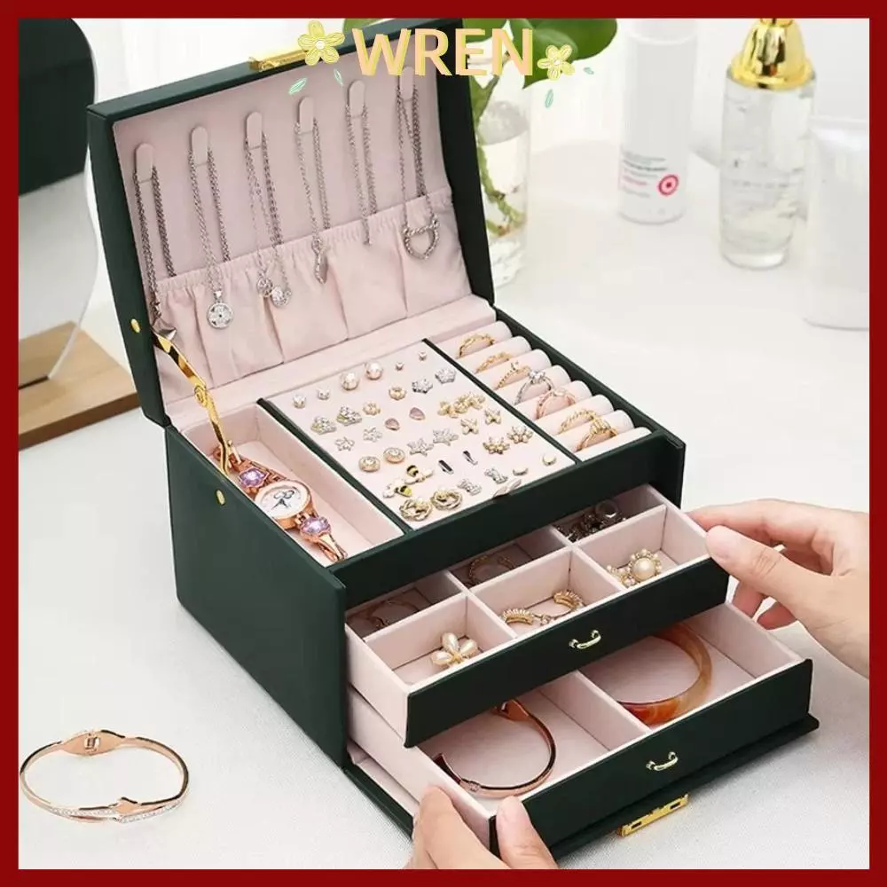 WREN Jewelry Organizer ที่เก็บต่างหูและสร้อยคอสามชั้น​ กล่องเก็บเครื่องประดับความจุขนาดใหญ่พร้อมกุญแจ​ กล่องใส่เครื่องประดับสําหรับเดินทางแบบถือหนัง ปู่​ ตารางโต๊ะเครื่องแป้งองค์กร​