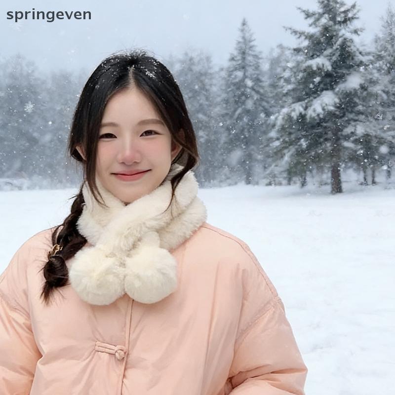 Springeven Plush Cross ผ้าพันคอ Faux กระต่ายขนสัตว์ Thiened Plush Ball ความร้อนผ้าพันคอ Thi ฤดูหนาวผ