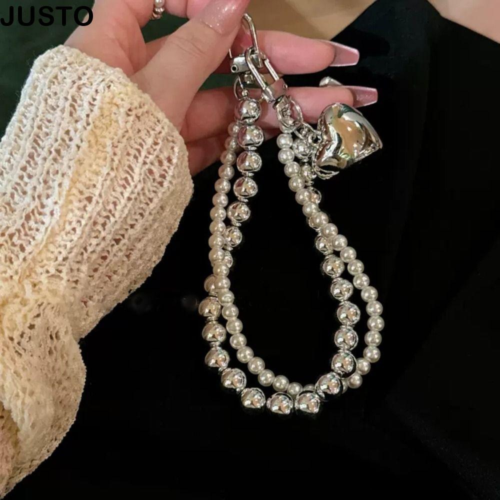 JUSTO Pearl Beaded Phone Strap, Love Heart Fashion Anti-Lost Phone Chain, Trend Luxury Phone Charm C
