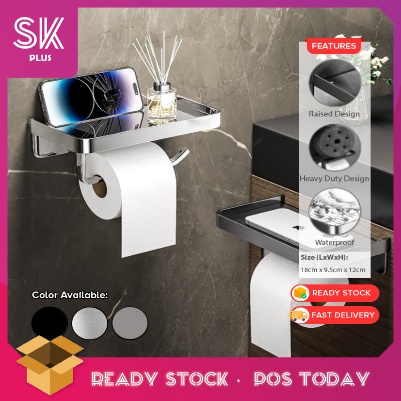 SKplus ที่วางทิชชูสแตนเลสกระดาษชําระติดผนัง Punch-Free ที่เก็บโทรศัพท์กันน้ํา Pemegaang Tisu Tandas