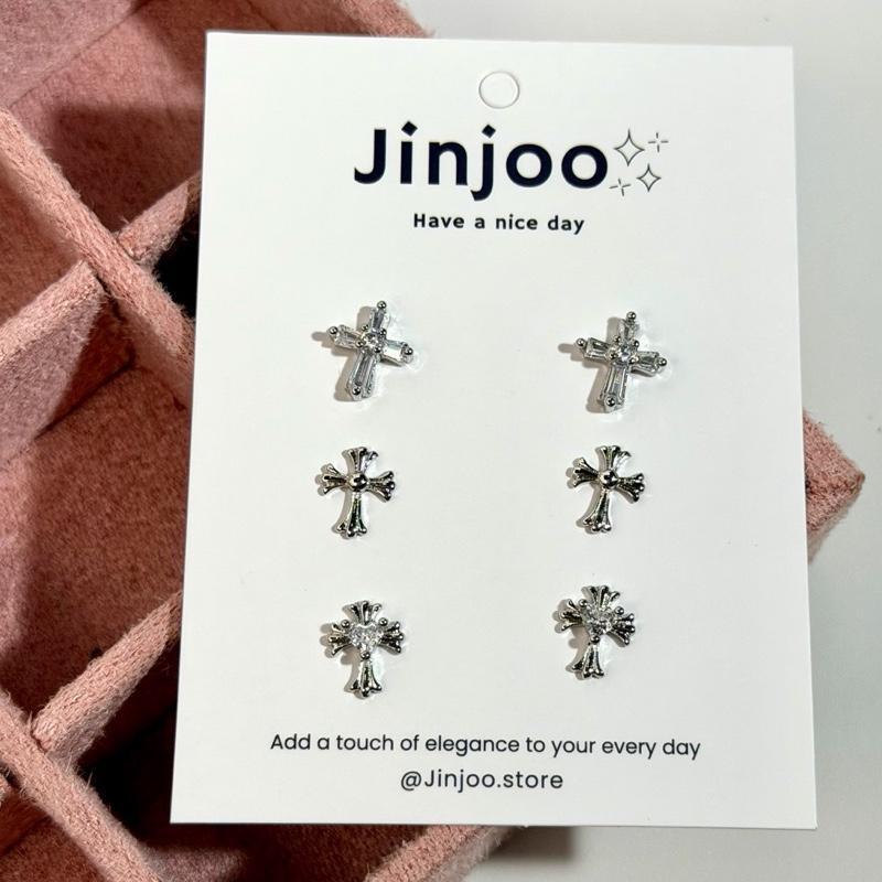 Jinjoo ต่างหูไม้กางเขน รุ่น Graceful Cross Set มี 3 แบบให้เลือก (แป้นทับ925+จุกยาง)