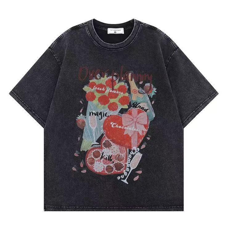 (จัดส่งตลอด 24 ชั่วโมง）BOOM oversize ผ้าคอตตอน สไตล์สตรีท เรโทร เสื้อยืดสีฟอก C006