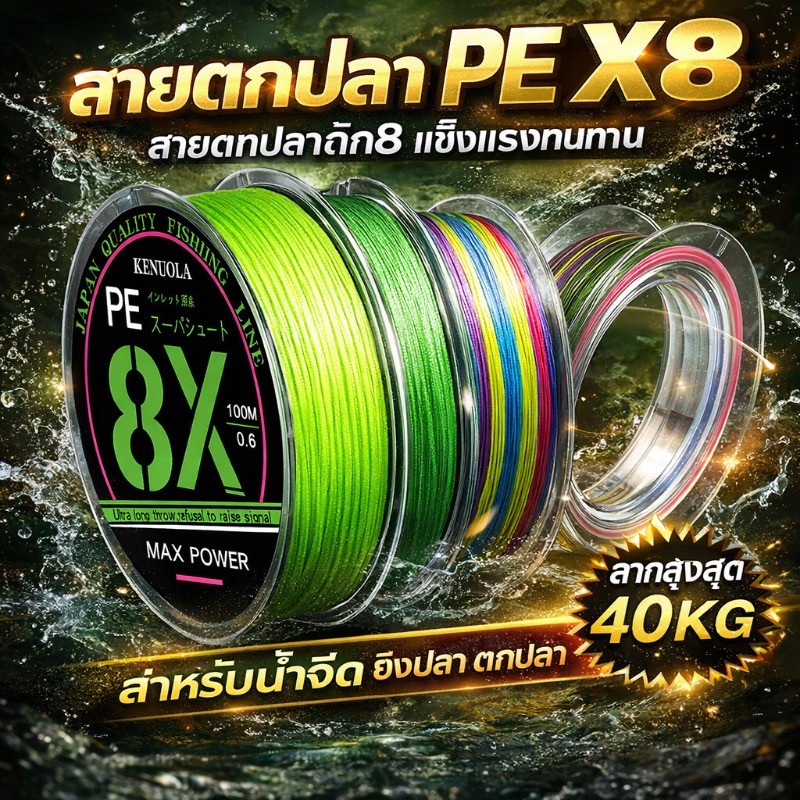 สายตกปลา PE X8 สายตกปลาถัก8 แบบถัก เรียบลื่นมาก หลากสี ยาว 100 ม. ลากสูงสุด 40KG ทนทาน สําหรับน้ําจืด ตกปลา ยิงปลา