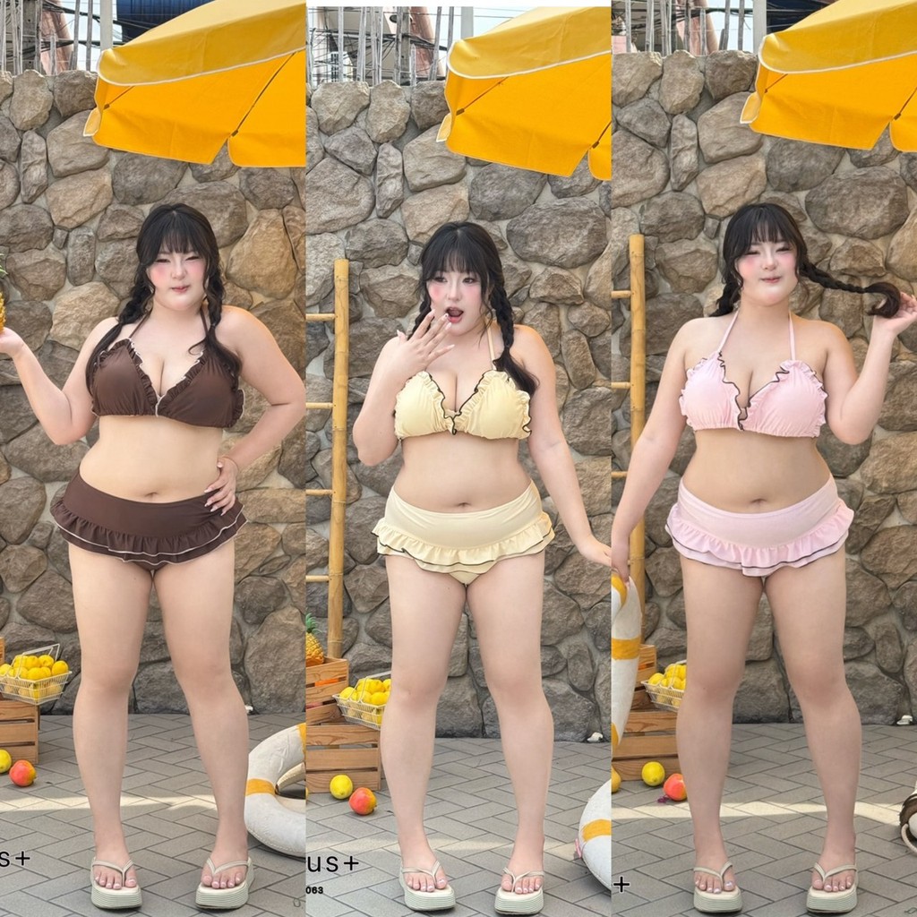 Bikini Jelly - ชุดว่ายน้ำไซส์ใหญ่ แต่งระบาย ดีไซน์น่ารัก อก 38-52 นิ้ว ชุดไปทะเลสาวอวบ