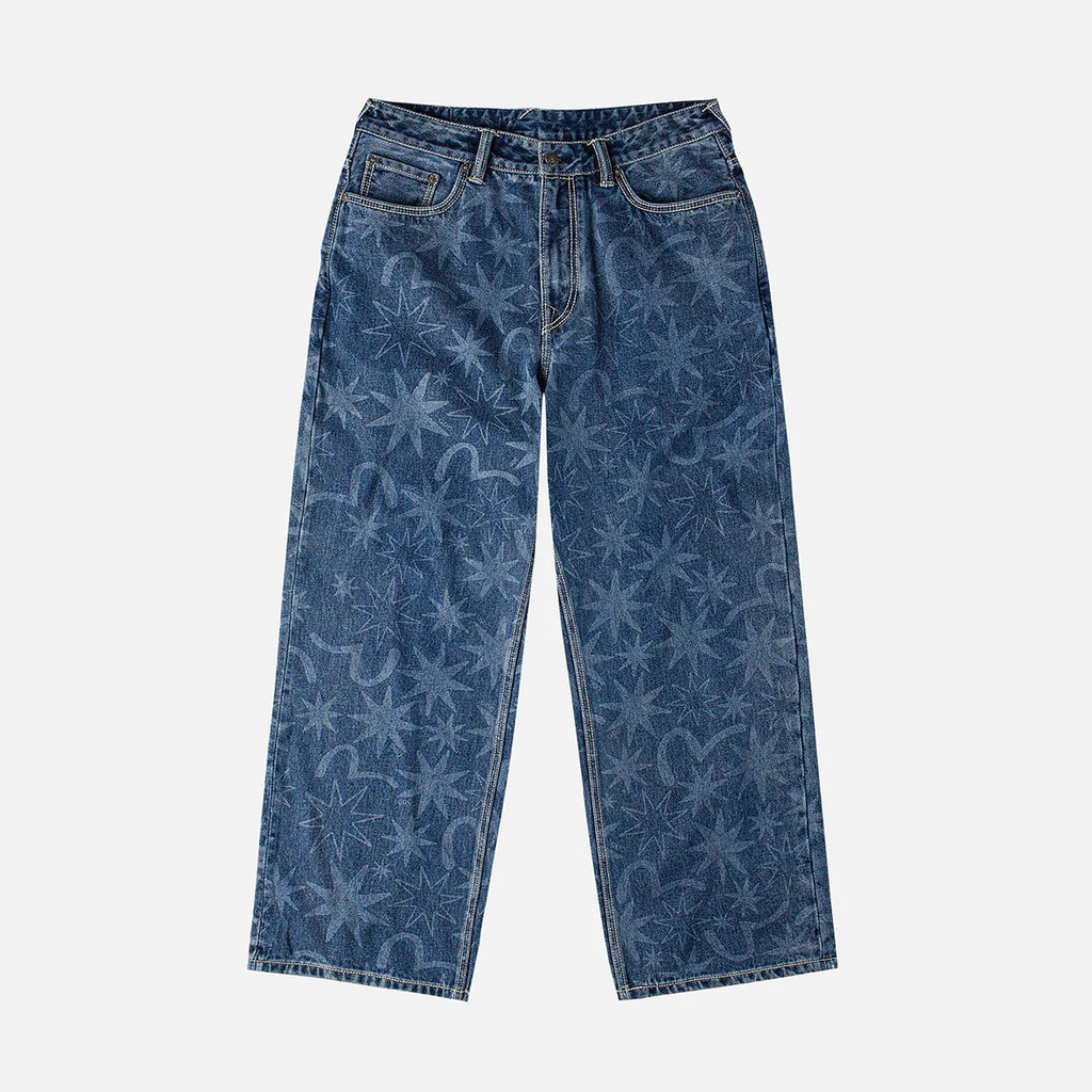 Evisu Jeans Men Street Full Print ปักเอวสูงกางเกงยีนส์หลวมตรงผู้ชาย
