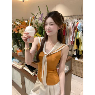 Vogue🌟พร้อมส่ง🌟 เสื้อแขนกุดคอปก แต่งเน็กไท ตัดกับสรเสื้อ ดีเทลเก๋ๆ ยืดตามตัว (FY10181)