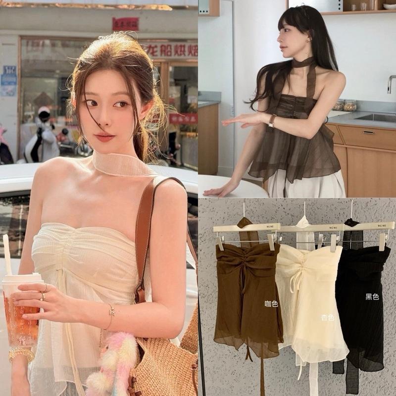 BY478 เสื้อเกาะอกผ้าชีฟองอัดยับ2ชั้น +ผ้าพันคอ benly co