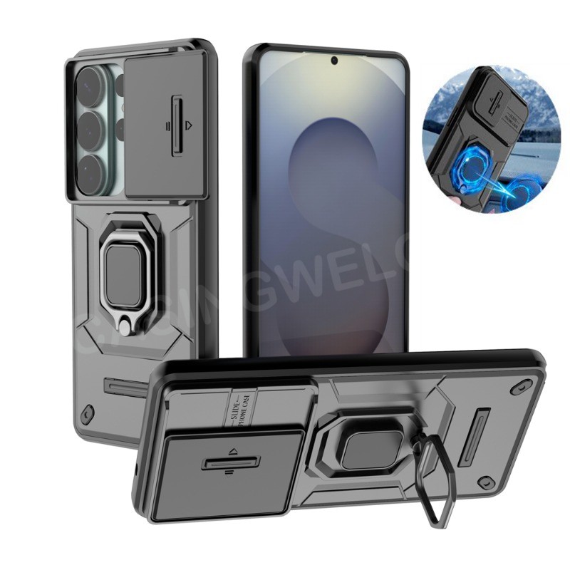 เคสโทรศัพท์สําหรับ Samsung Galaxy S26 Ultra S25 S24 Ultra Plus + S25 S24 5G 2026 สไลด์กันกระแทกกล้องเลนส์ป้องกันแหวนขาตั้งที่วางโทรศัพท์ Anti Fall Drop ฝาหลัง