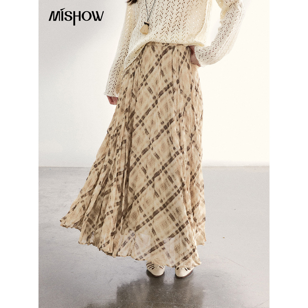 MISHOW ผู้หญิงสีเบจลายสก๊อต Maxi กระโปรง 2026 ฤดูใบไม้ผลิเอวสูง Flowy A-Line กระโปรงเอวยางยืดสบายๆกระโปรงชีฟอง MXF108B0769