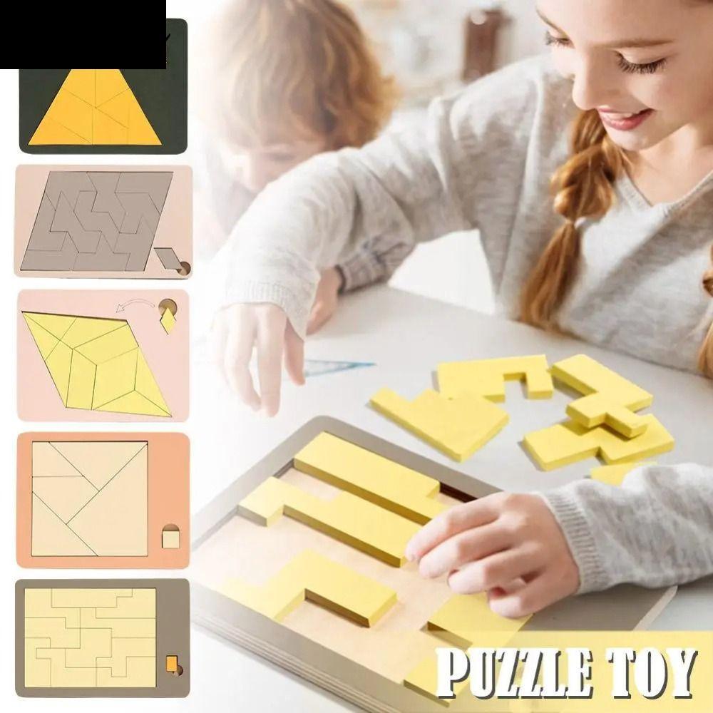 QQMALL ไม้เรขาคณิตปริศนา,ไม้รูปทรงเรขาคณิต Tangram Board Puzzle,IQ Mind Brain Teaser การศึกษา 3D ปริ