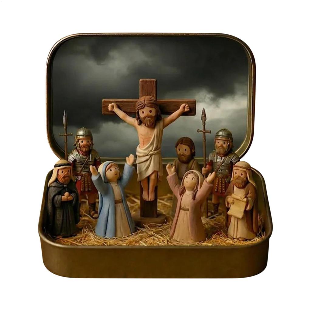 Mini Jesus Figures ที่สมจริงอีสเตอร์ดีบุกกล่องตกแต่งโต๊ะ Suffering Resurrection ฉากขนาดเล็ก Figurines สําหรับบ้านห้องนอนตาราง herazth
