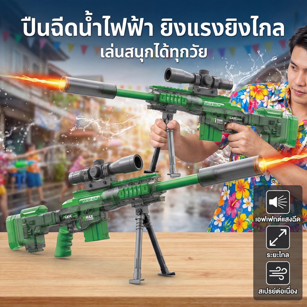 ปืนฉีดน้ำไฟฟ้า 2 โหมด ยิงน้ำต่อเนื่อง มีไฟขณะยิง ชาร์จ USB พร้อมขาตั้ง ของเล่นเล่นน้ำเด็กสำหรับหน้าร้อน