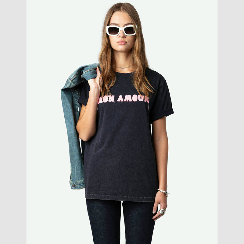 JIUZ Zadig Voltaire 25Summer new French letter patch embroidery washed and distressed cotton women's