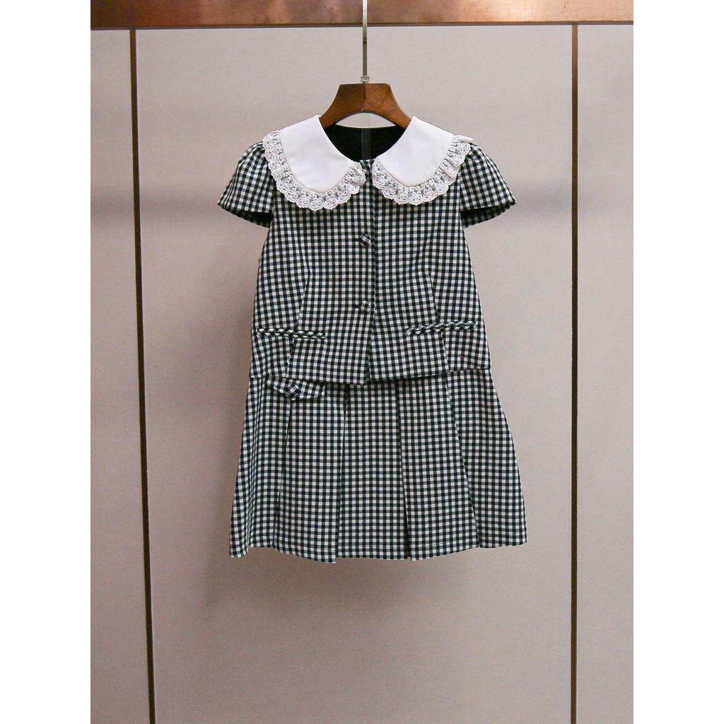 S7C7 Self-Portrait Women's Summer New Style Age-Reducing Lace Trim Doll Collar Top+Plaid skirt suit