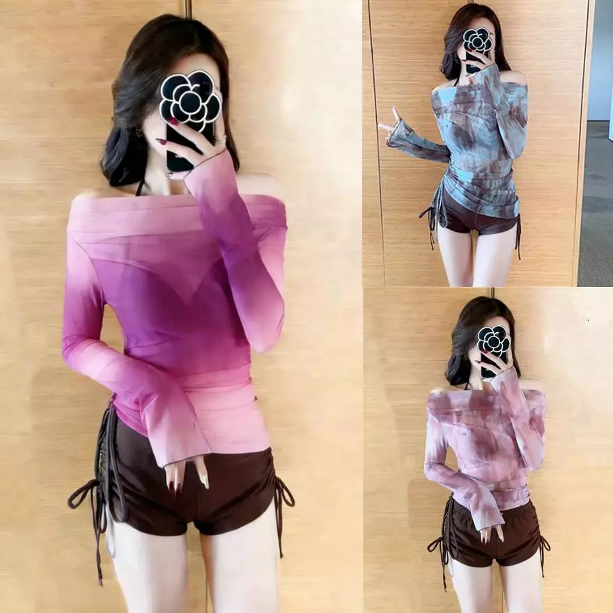 ชุดรอมเปอร์ผู้หญิง แขนยาว 3 ชิ้น ลายไล่เฉดสี แห้งเร็ว ป้องกันแสงแดด มีให้เลือก 3 สี ชุดว่ายน้ํา