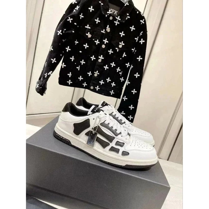 AMIRI Bone RUNWAY SKEL TOP รองเท้าผ้าใบลําลองสำหรับผู้หญิง สไตล์อินเทรนด์ และผลิตจากหนังแท้