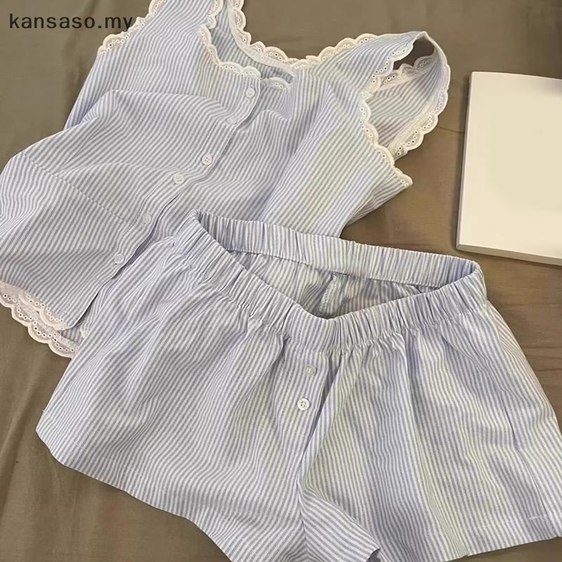 [KSA] เกาหลีลายลูกไม้คอชุดนอนสาวฤดูร้อนใหม่แขวนกางเกงขาสั้นเสื้อผ้าที่บ้านชุดสองชิ้น [ของฉัน]