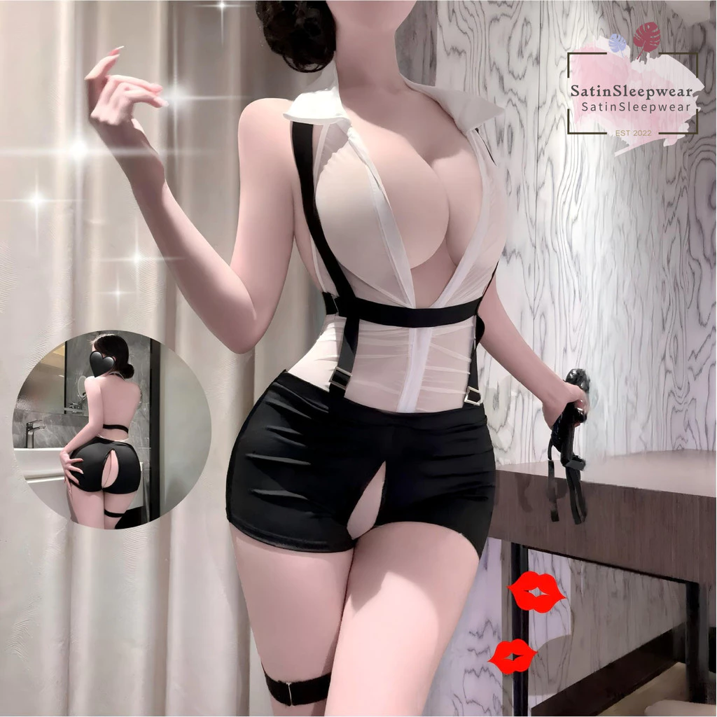 SatinSleepwear💯💯Cosplay ชุดเลขาสุดเซ็กซี่ เอวสูงและเข้ารูป ดีไซน์คอวี จัดส่งจากประเทศไทย.