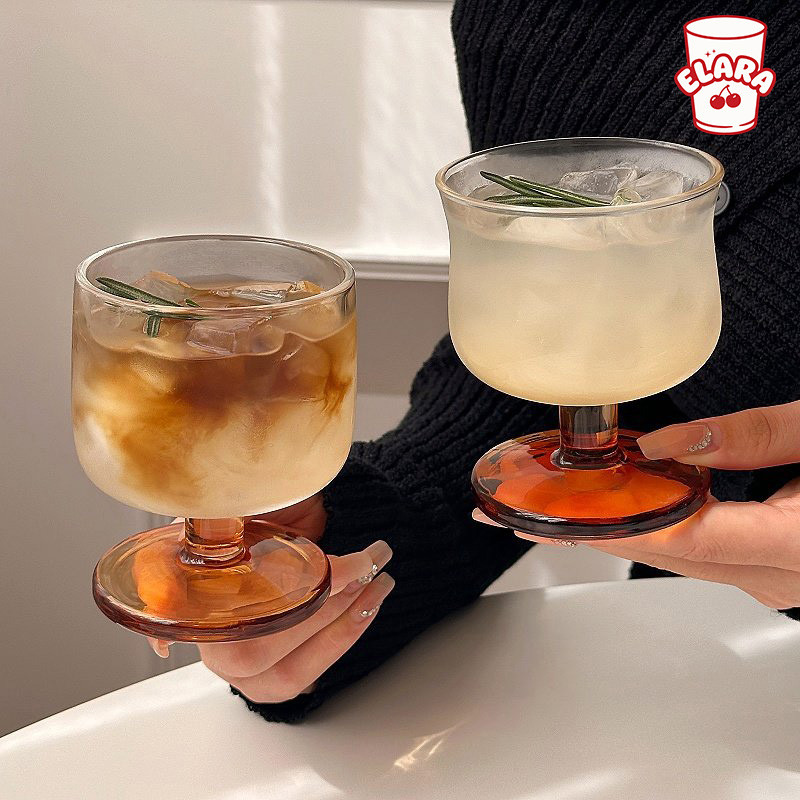 แก้วกระจกสูงรูปทรงโค้งฐานอำพันวินเทจ 260/220ml | แก้วกาแฟเย็น ค็อกเทล ชาเย็น สไตล์อินสตา