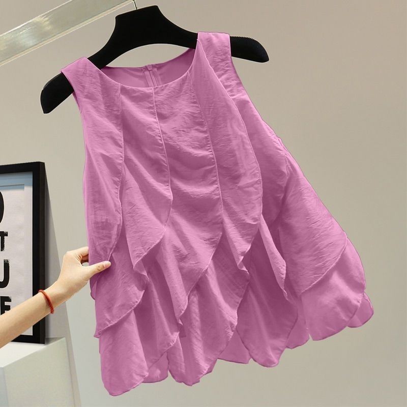 Ruffled patchwork pullover เสื้อ 2025 หลวม slimmi 叶边套头เสื้อ 2025 宽松显瘦色拉链休闲背心潮TXT031501