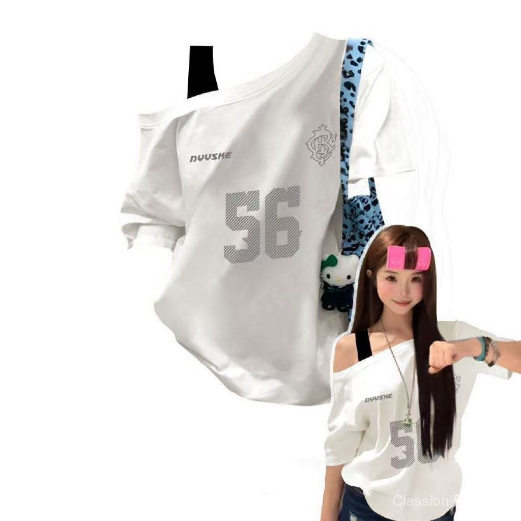 Classion✨พร้อมส่ง✨เสื้อยืดผู้หญิง ปาดไหล่ แฟชั่นเกาหลี ผ้าคอตอน ทรงหลวม สาวอวบใส่ได้ สาวอวบใส่สวย