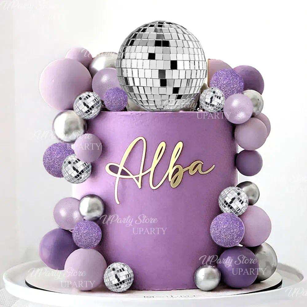 31pcs กระจก Disco Balls เค้ก Toppers Pearl Glitter สีม่วงเค้กลูก Disco Balls เค้ก Topper สําหรับวันเกิดงานแต่งงานตกแต่ง