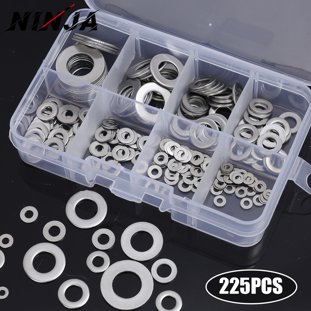 [H&L]เครื่องซักผ้าสแตนเลส 304 พรีเมี่ยม | ฮาร์ดแวร์กลมทนต่อการกัดกร่อนขนาด M2-M10 (ชุด 225 ชิ้น) สํา