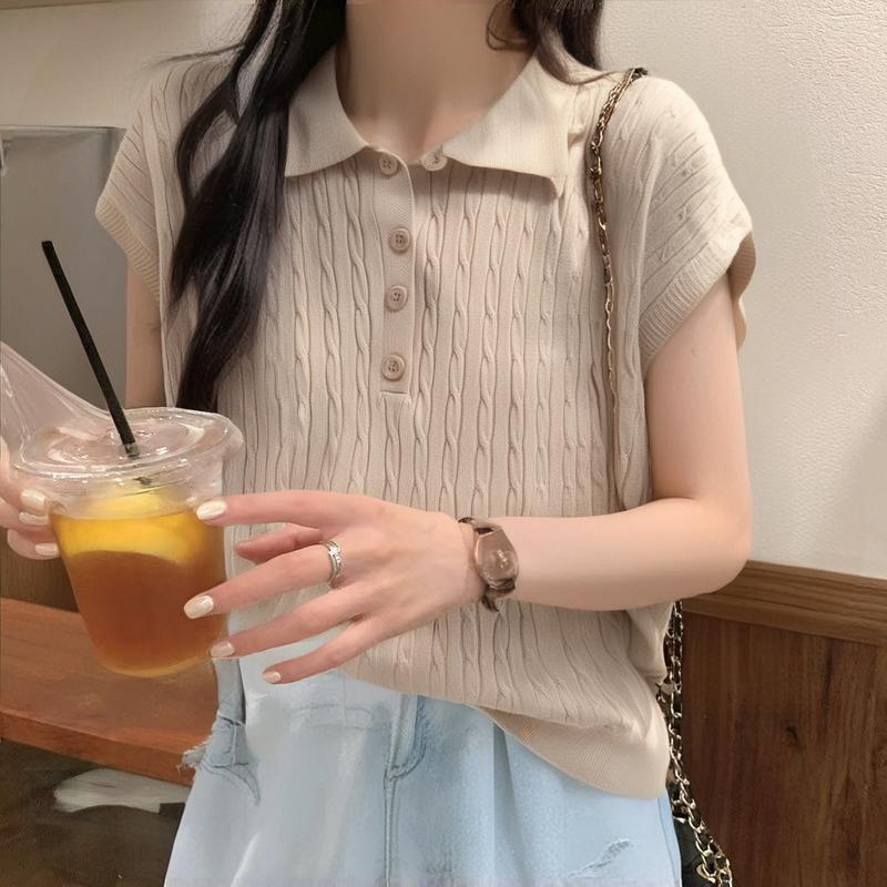 🌵Grace_chili🌵 เสื้อยืดถักคอโปโลแขนสั้นสำหรับผู้หญิงทำจากผ้านุ่มและยืดดีไซน์ทรงสลิมฟิตมีให้เลือกหลายสี 88015