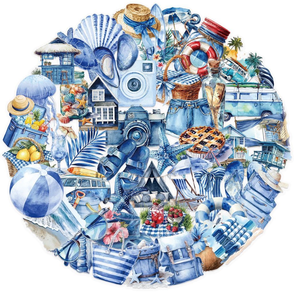 Blue Beach Sticker สติกเกอร์หาดทรายสีฟ้า 50ชิ้น วัสดุ PET ใส กันน้ำ สไตล์มินิมอล ตกแต่งน่ารัก ราคา ถูกที่สุด ดีลบีเคเค แกลเลอรีภาพที่ 5