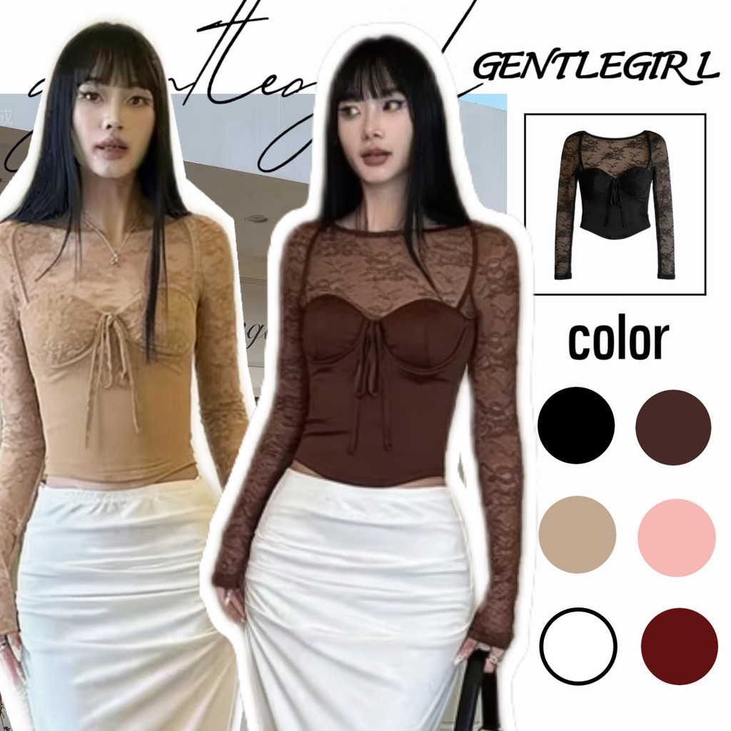 #GG🎀เสื้อตัวใน/เสื้อครอปแขนสั้นทรงเข้ารูป คอเหลี่ยม แต่งขอบลูกไม้ สไตล์ฝรั่งเศส เซ็กซี่