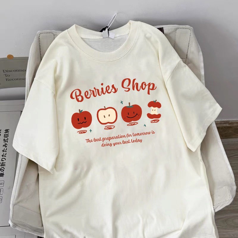 CODเสื้อผ้าผู้หญิงสไตล์เกาหลี | เสื้อยืดคอกลมโอเวอร์ไซส์ ผ้าคอตตอน 100% | ท็อปส์ซูลําลองสไตล์พิมพ์ลา