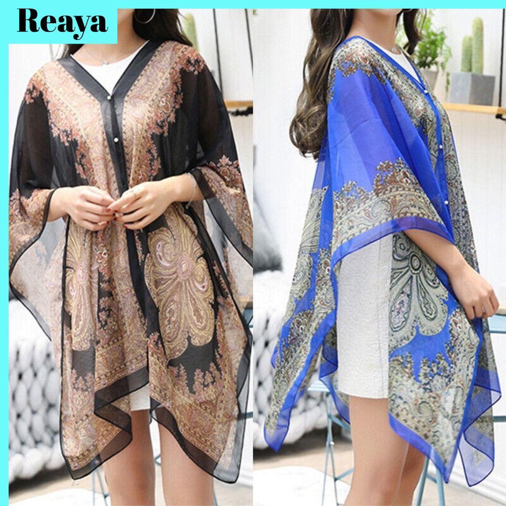 REAYA ผ้าคลุมไหล่ผ้าพันคอชายหาด ผ้าชีฟองคอวี ขนาดเดียว เสื้อปอนโชโบโฮ แฟชั่นฤดูร้อน