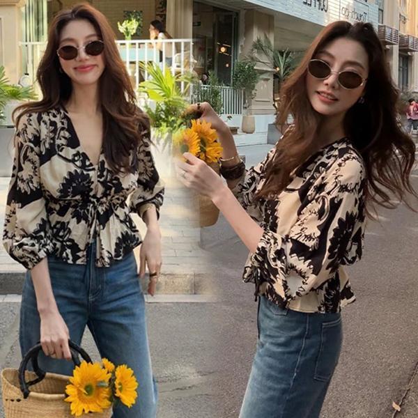 mimi&didi#เสื้อเชิ้ตพิมพ์ลายวินเทจ คอวี ผูกเน็คไท แขนสามส่วน สำหรับผู้หญิง ฤดูร้อนใหม่ เสื้อสวย เสื้อไม่ซ้ำใคร#W698
