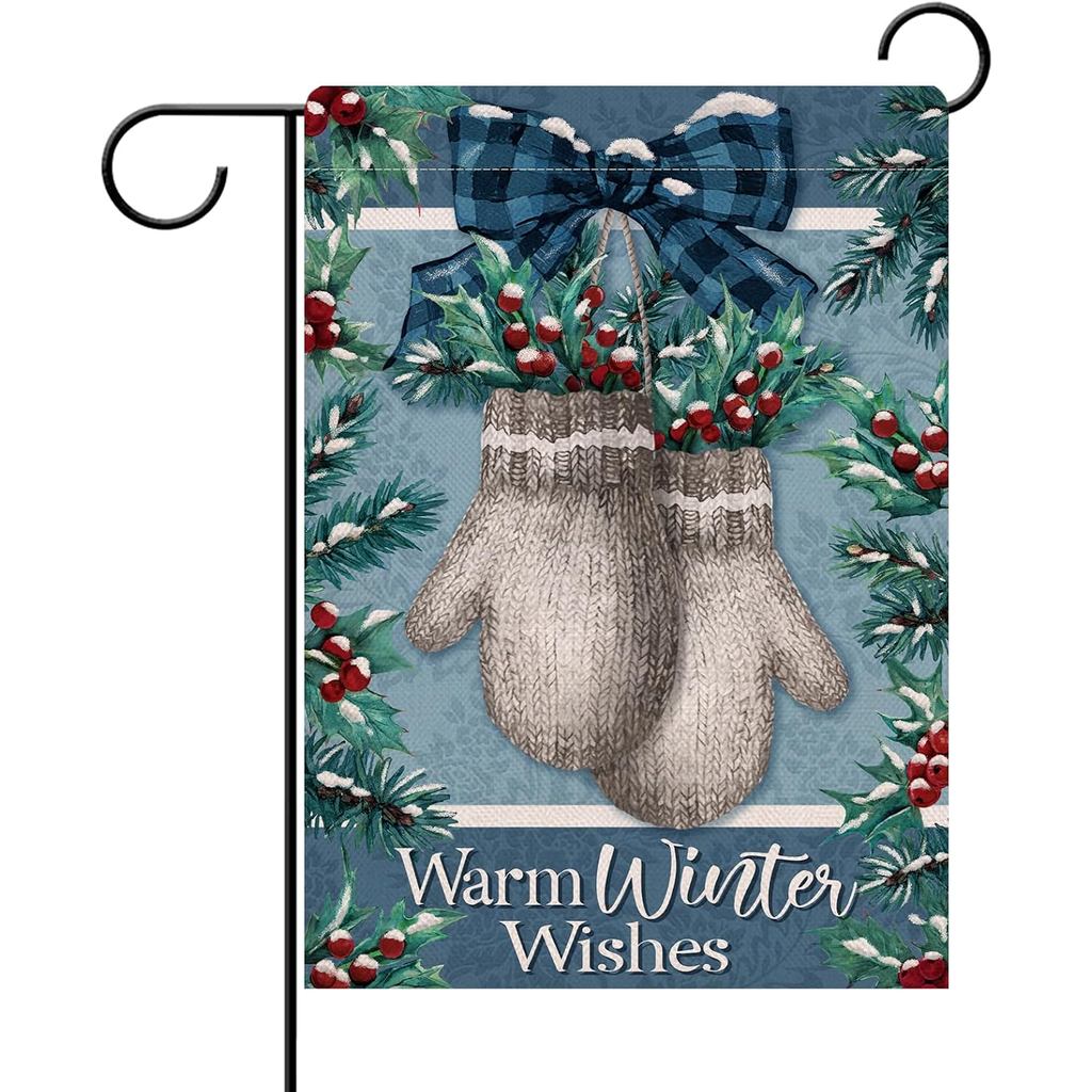 Dyrenson Warm Winter Wishes ถุงมือตกแต่งสวนธง,นวมสีแดง Berries Farmhouse Yard ตกแต่งภายนอก,คริสต์มาส