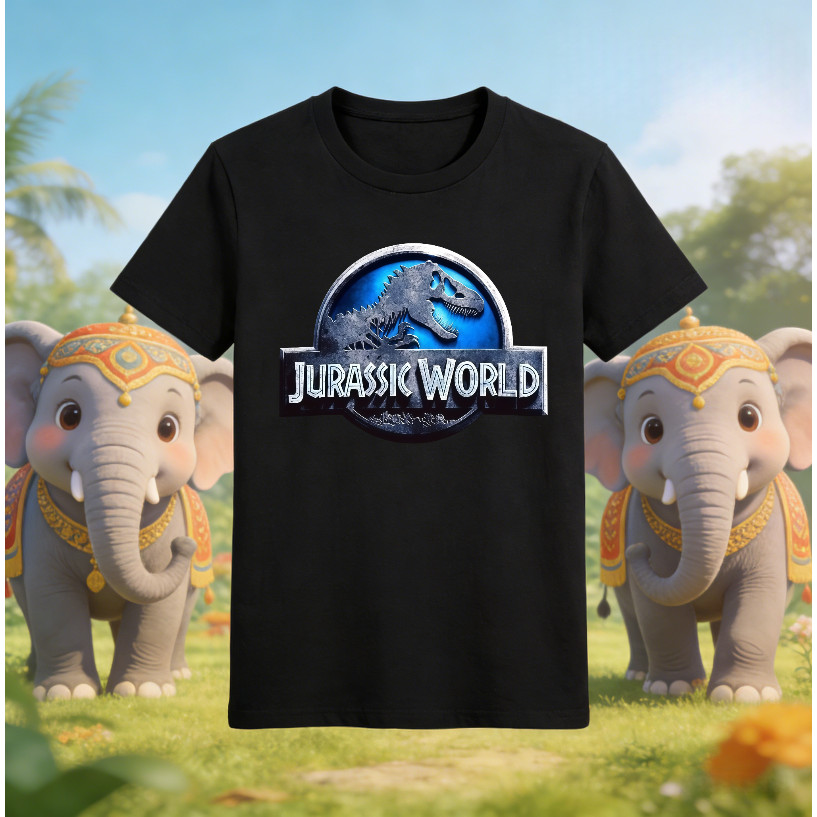 เสื้อยืดพิมพ์ลายป้ายไดโนเสาร์คลาสสิก สีดำ ทรงหลวมแขนสั้น