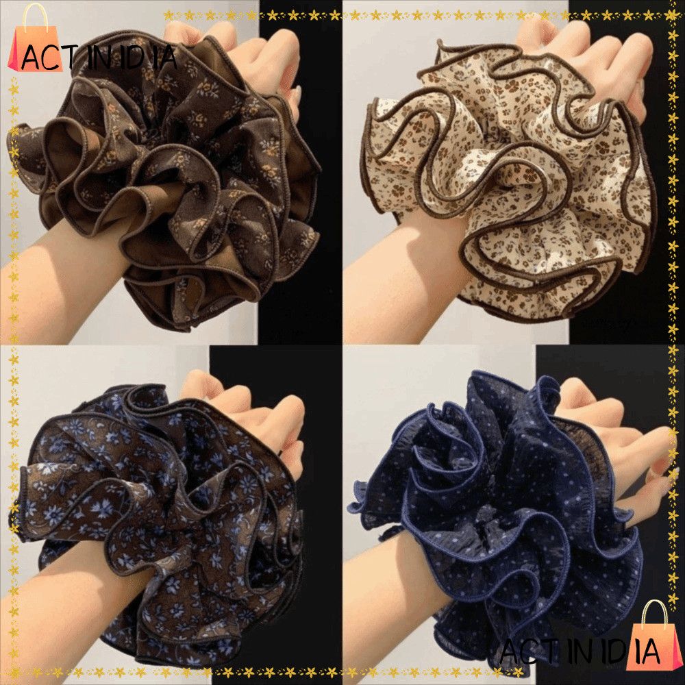 ยางรัดผมผ้าซาตินและชีฟอง แบบวินเทจลายดอกไม้ สำหรับผมหางม้า สีน้ำตาลยืดหยุ่น