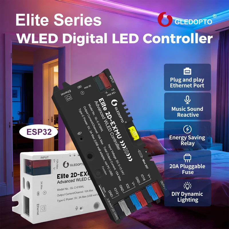 GLEDOPTO ESP32 WLED LED Controller GL-C-616WL Elite 2D-EXMU DC5-24V 15A เพลง Reactive Ethernet พอร์ต Type-C DIY รีเลย์ฟิวส์สมาร์ทโฮม