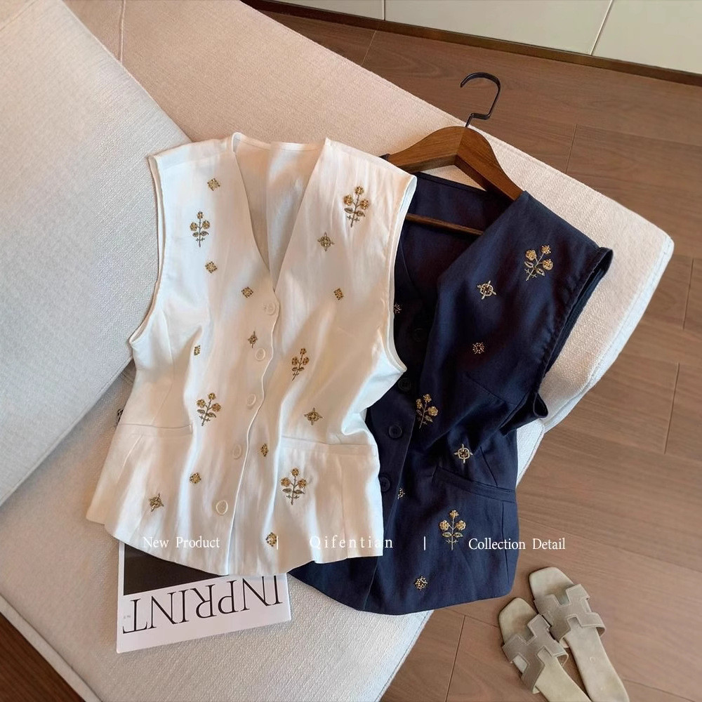 เสื้อแขนกุดปักลายแฟชั่น คอวี ทรงหลวม น้ำหนักเบากะทัดรัด