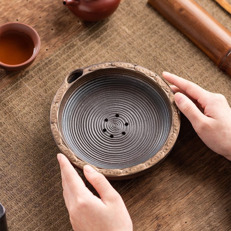Retro Gilt Glaze หม้อ Cheng เซรามิคในครัวเรือนรอบถาดแห้งจีน Kung Fu ชุดชาอุปกรณ์เสริมถาดชาถาดผลไม้ 3301