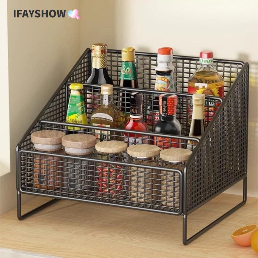 IFAYSHOW ชั้นเก็บของในครัว,ชั้นวางของจัดระเบียบเคาน์เตอร์ครัวที่ทนทาน,ตะกร้าโลหะประหยัดพื้นที่อเนกประสงค์เครื่องเทศจัดเก็บบ้าน