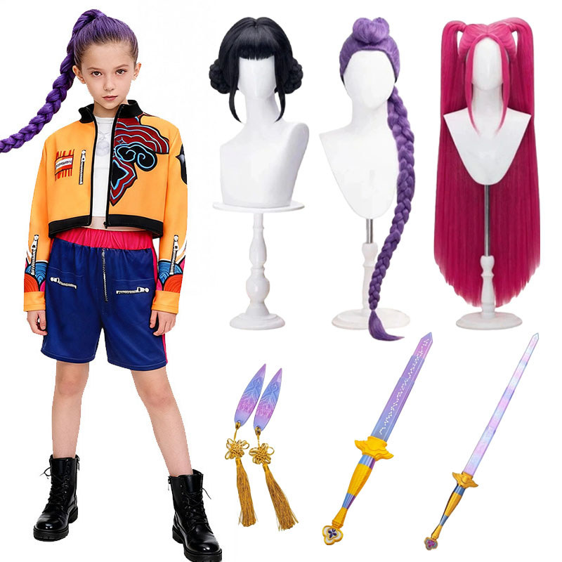 K-pop Mira Rumi Zoe วิกผมคอสเพลย์ เสื้อผ้าเด็ก cosplay สามสไตล์ ผมเปียสีม่วงของรูมิ ทนความร้อน