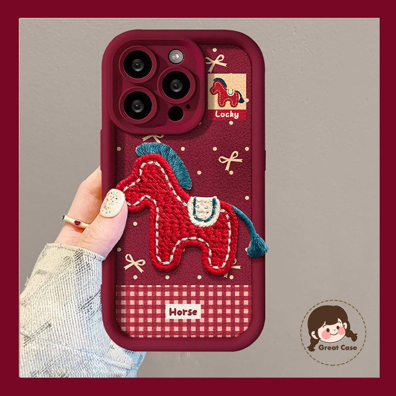 ปีใหม่สีแดง 3D Embroider Pony สําหรับ Vivo IQOO Z9 Turbo + Lite Z9X Z8 Z7 Z7X Z7i Z6 Z1 Pro Z6 Z6X Z