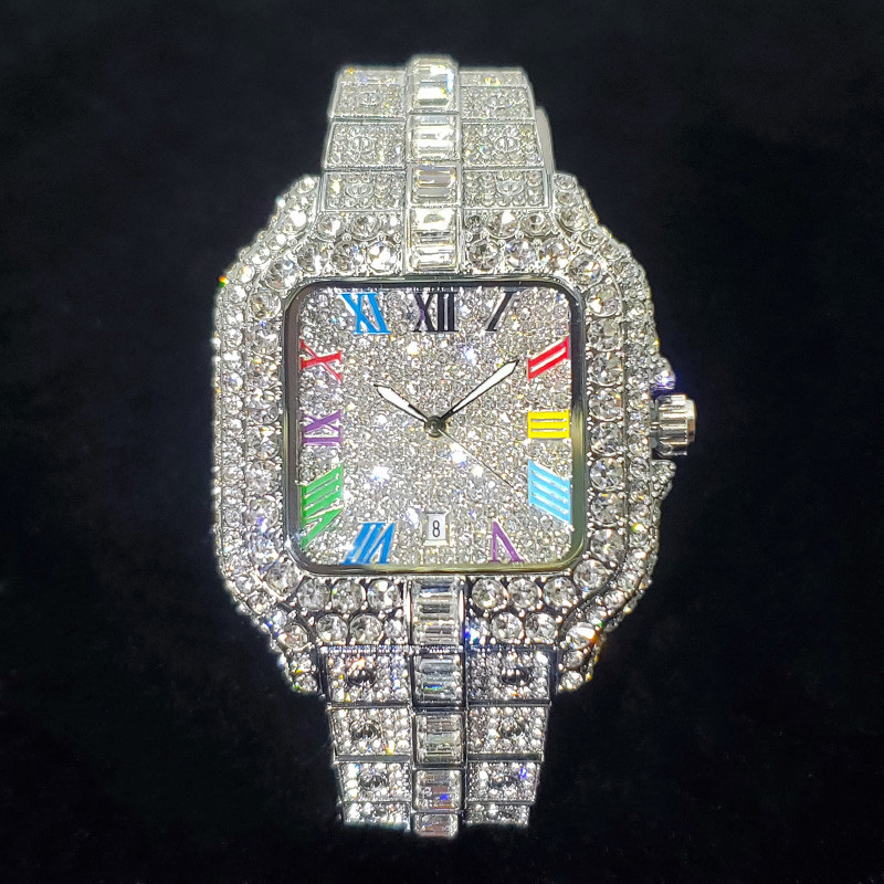 2026 ใหม่หรูหราเพชรนาฬิกาผู้ชายแฟชั่น Iced Out Square นาฬิกาตัวเลขที่มีสีสัน Hip Hop Bling เครื่องประดับ Reloj Hombre สําหรับ Party