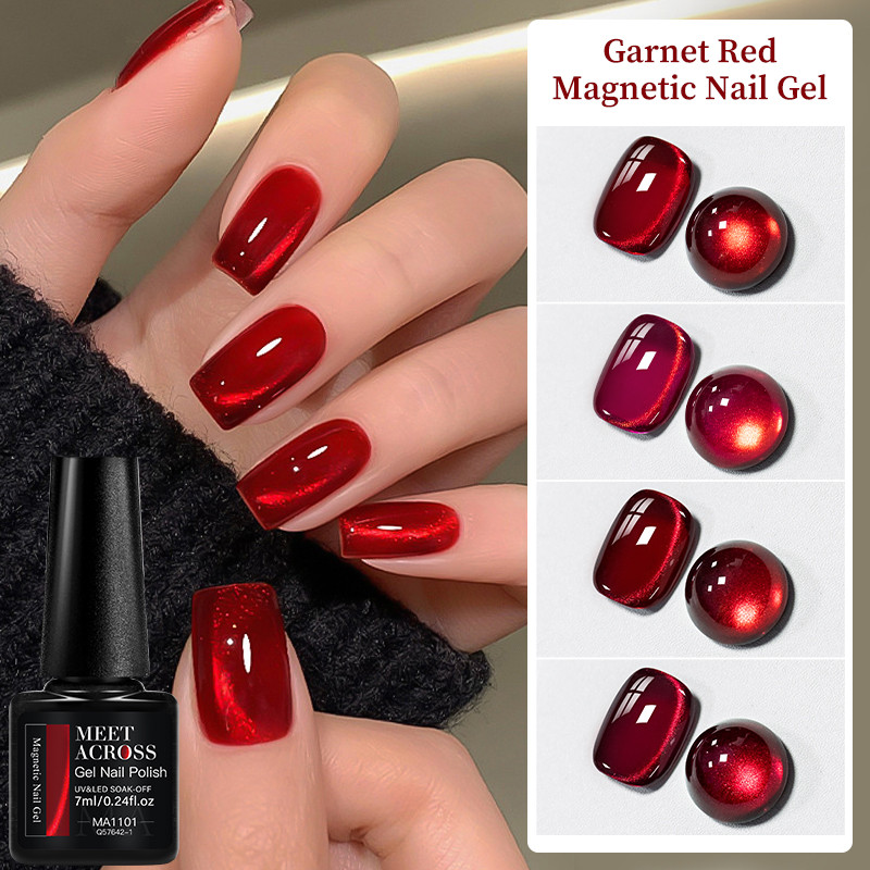 MEET ACROSS โกเมนสีแดงแม่เหล็กเล็บเจล Cat Eye Gel Polish Soak Off ยาทาเล็บที่มีสีสัน DIY เล็บ 7ml ราคา ถูกที่สุด ดีลบีเคเค แกลเลอรีภาพที่ 2