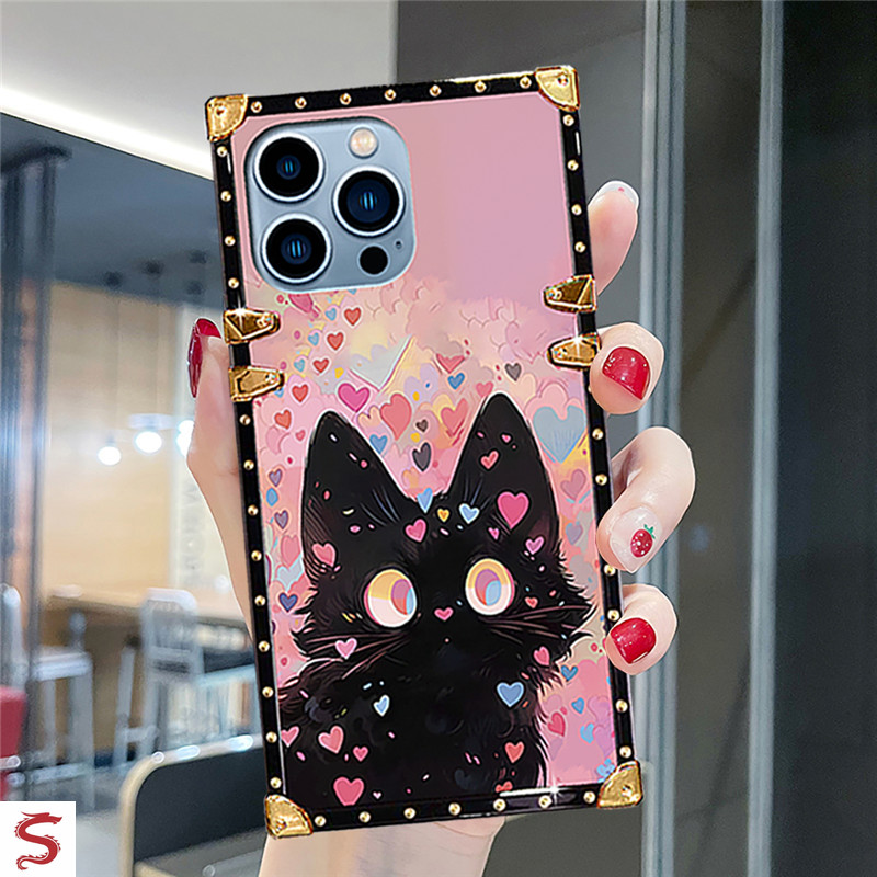 ปลอก iphone 16 Pro Max 17 Air 15 14 13 12 11 14Plus 15Plus แฟชั่นดอกไม้แมวดํารูปแบบเคสโทรศัพท์สี่เหลี่ยมฝาครอบกันกระแทก - รูปที่ 5