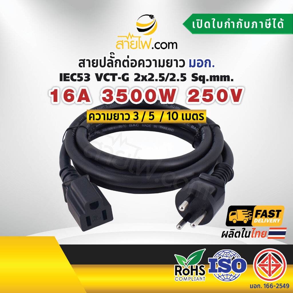สายไฟ AC ปลั๊กต่อความยาวสายชาร์จรถไฟฟ้า IEC53 VCT-G 2x2.5/2.5 Sq.mm. มอก. มีกราวด์