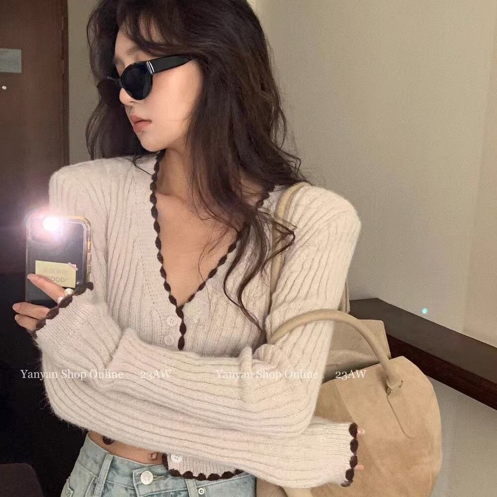 ปลาค็อด ปลาค็อด 20262023ปีสไตล์ใหม่ฤดูใบไม้ร่วงฤดูหนาวแฟชั่นRetro ContrastสีVคอAll-Match Single-Brea