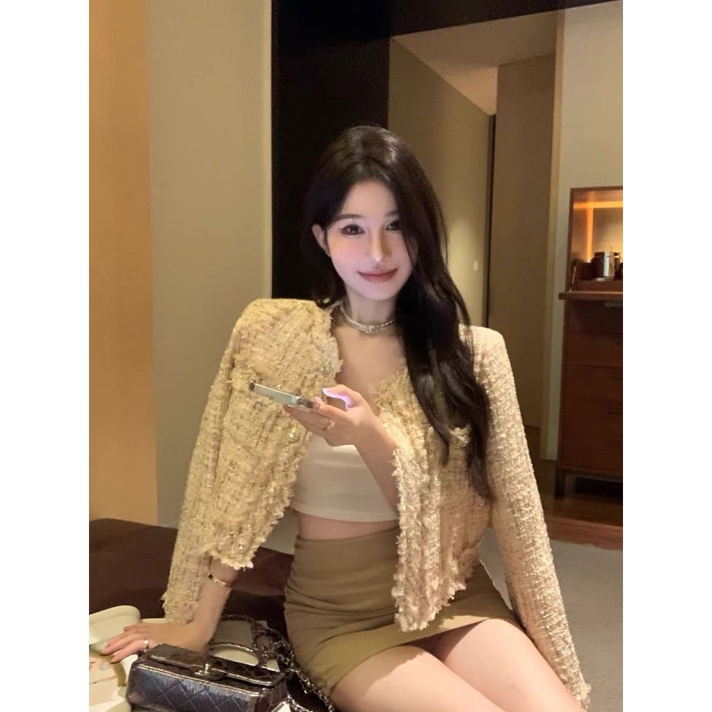 เกาหลีเกาหลี 2026 สีแชมเปญฝอย Chanel สไตล์แจ็คเก็ตผู้หญิง 2024 ฤดูใบไม้ผลิฤดูใบไม้ร่วงสไตล์ใหม่เวอร์